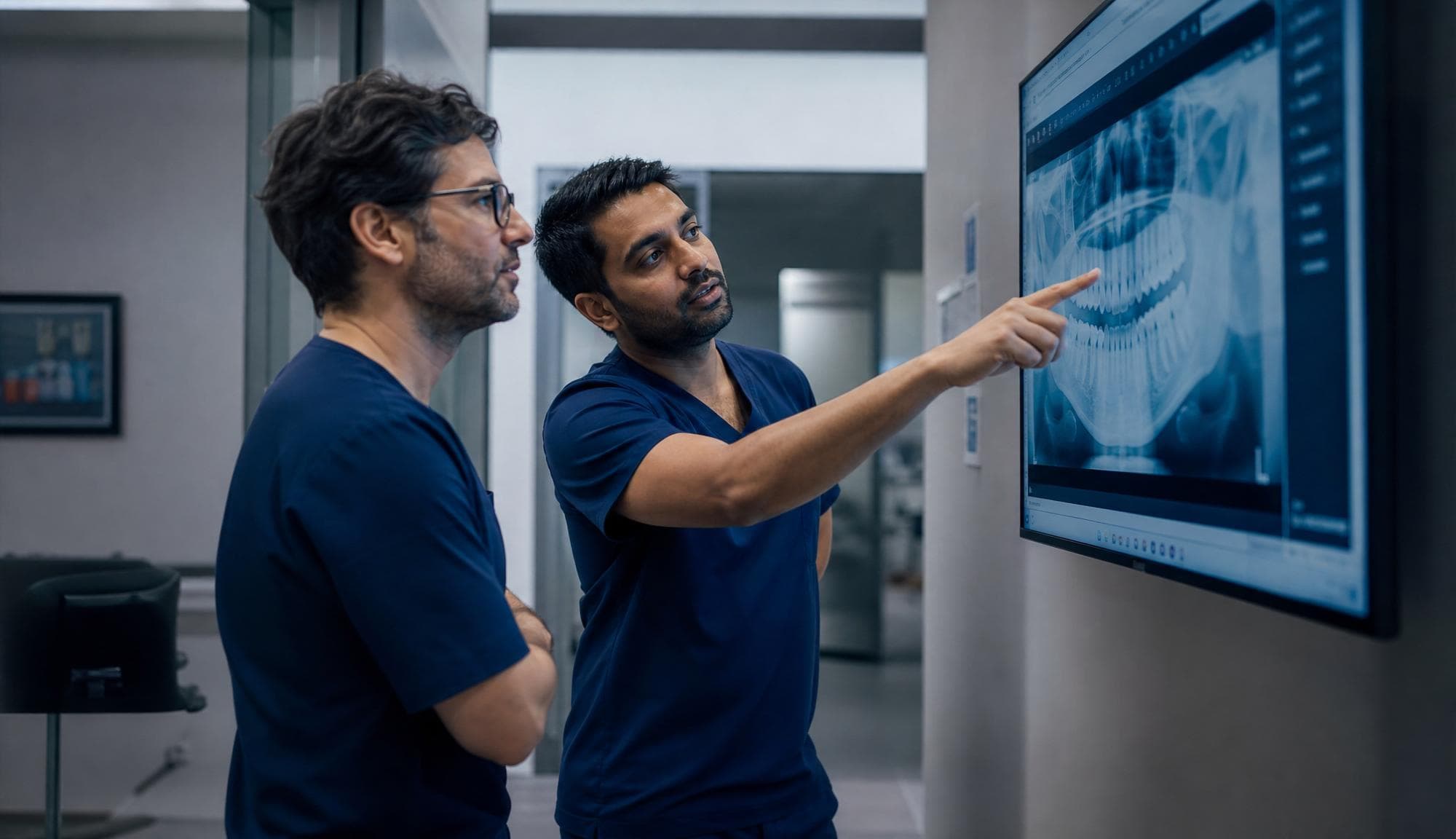 Due dentisti esaminano una radiografia panoramica dentale su uno schermo a parete.